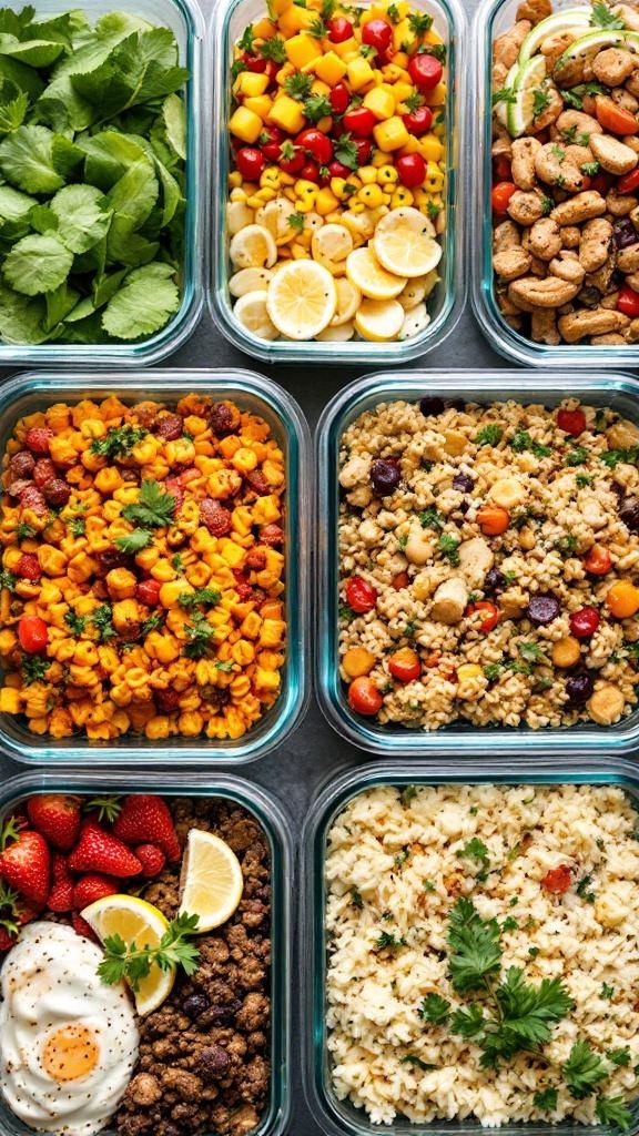 Colorful meal prep containers filled with fresh vegetables, grains, and fruits.