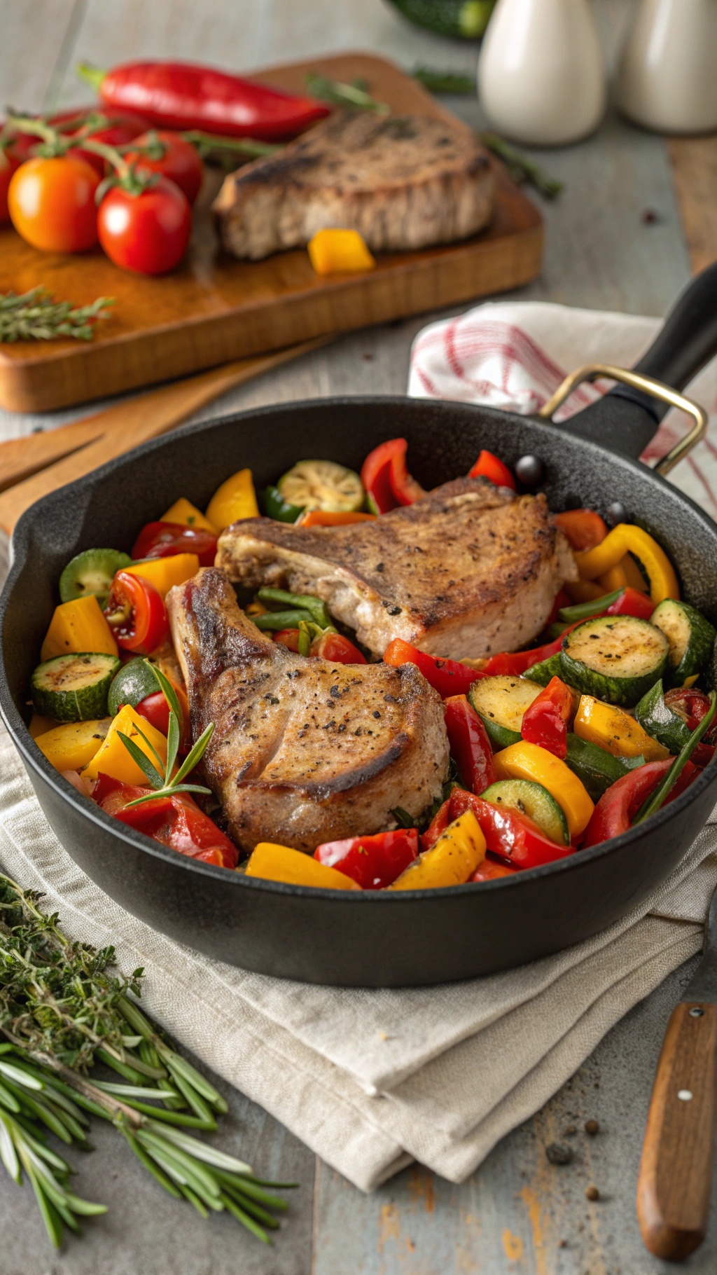 A skillet with pork chops and colorful vegetables, showcasing a quick and easy meal.