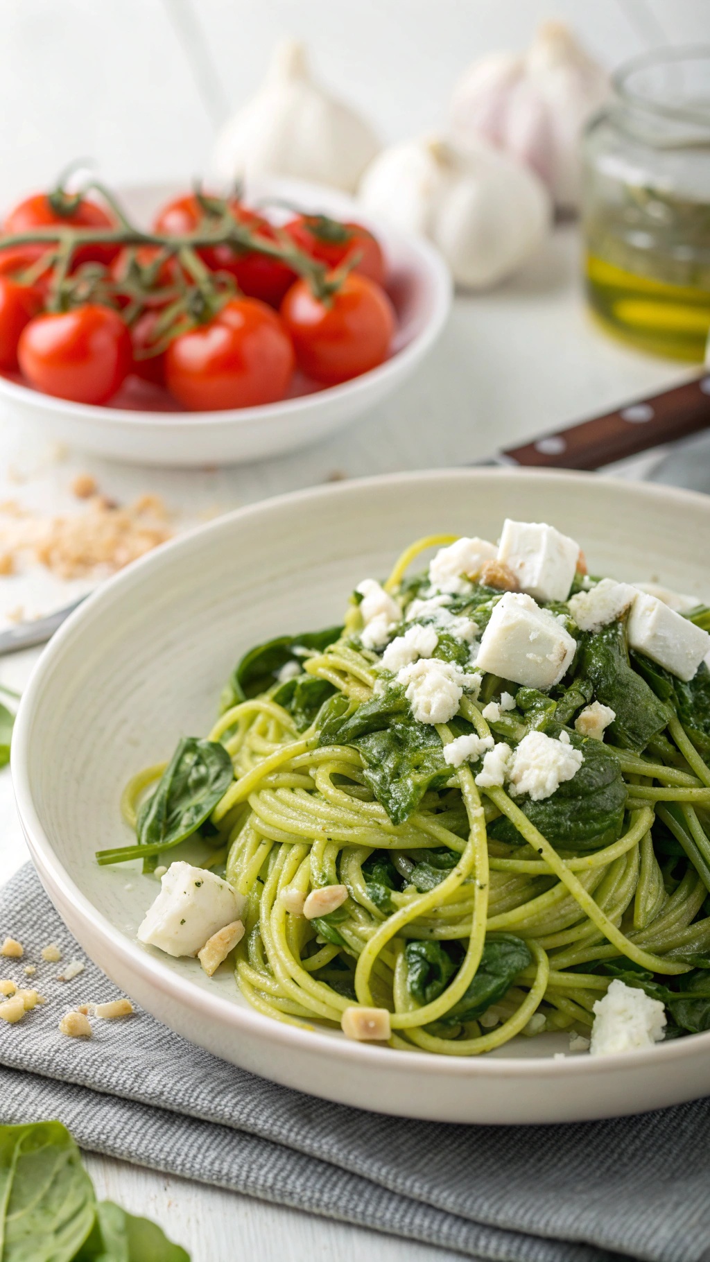 A bowl of one-pot spinach and feta spaghetti garnished with feta cheese, surrounded by fresh tomatoes and garlic.