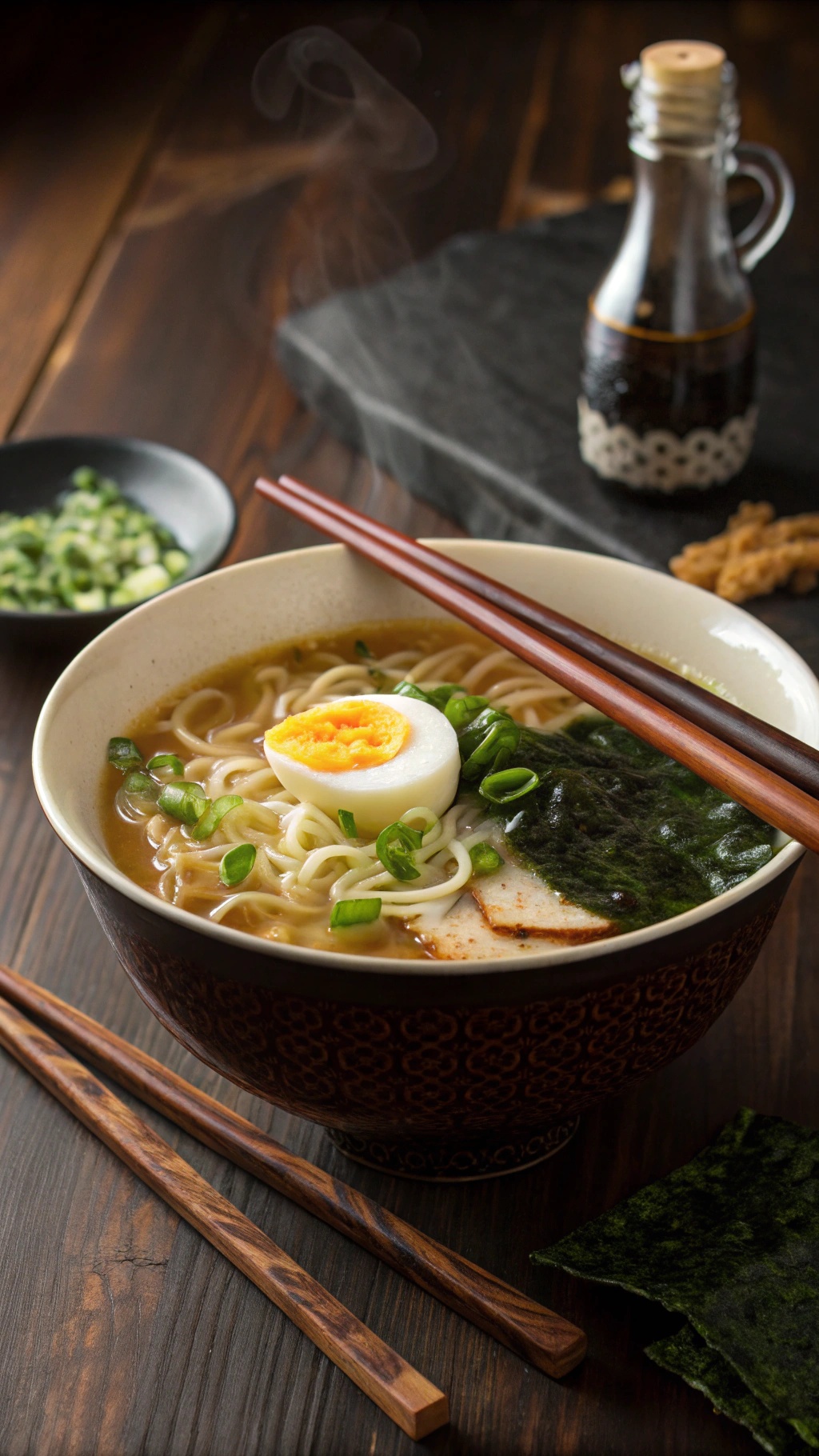 A bowl of ramen noodle soup with a boiled egg, green onions, and seaweed.