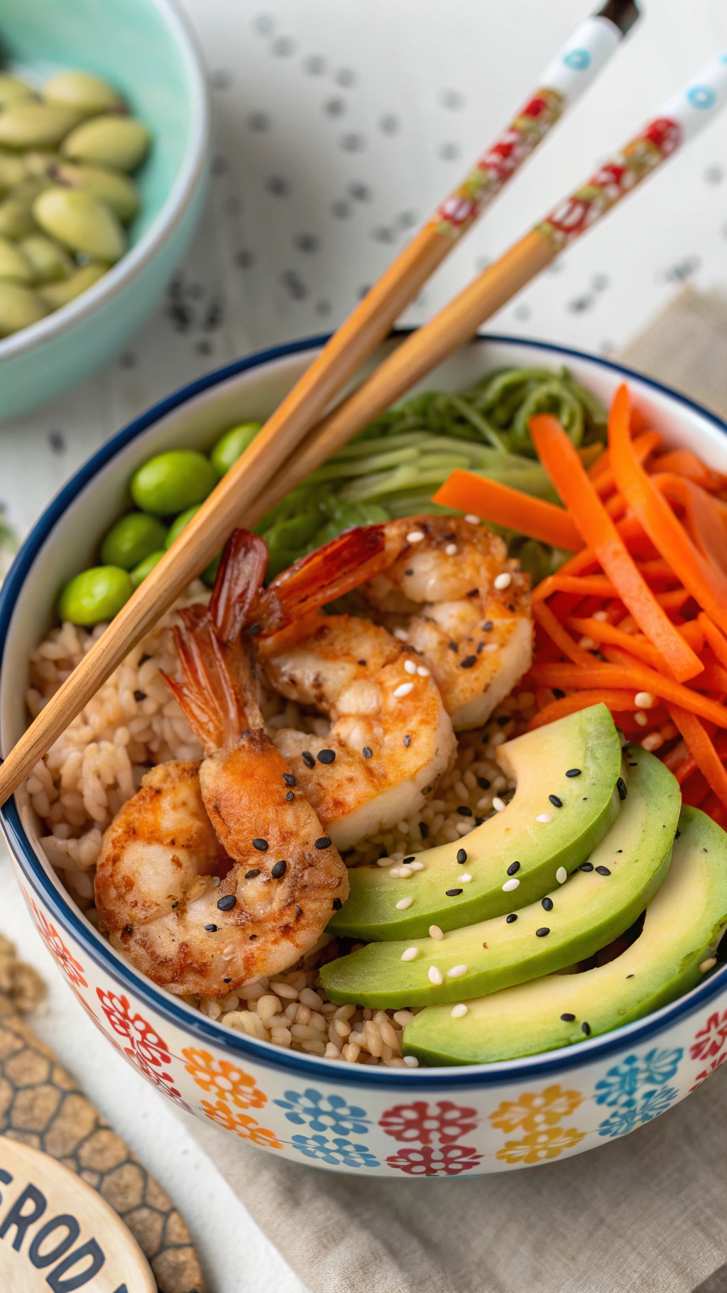 A colorful rice bowl with shrimp, avocado, carrots, and edamame.