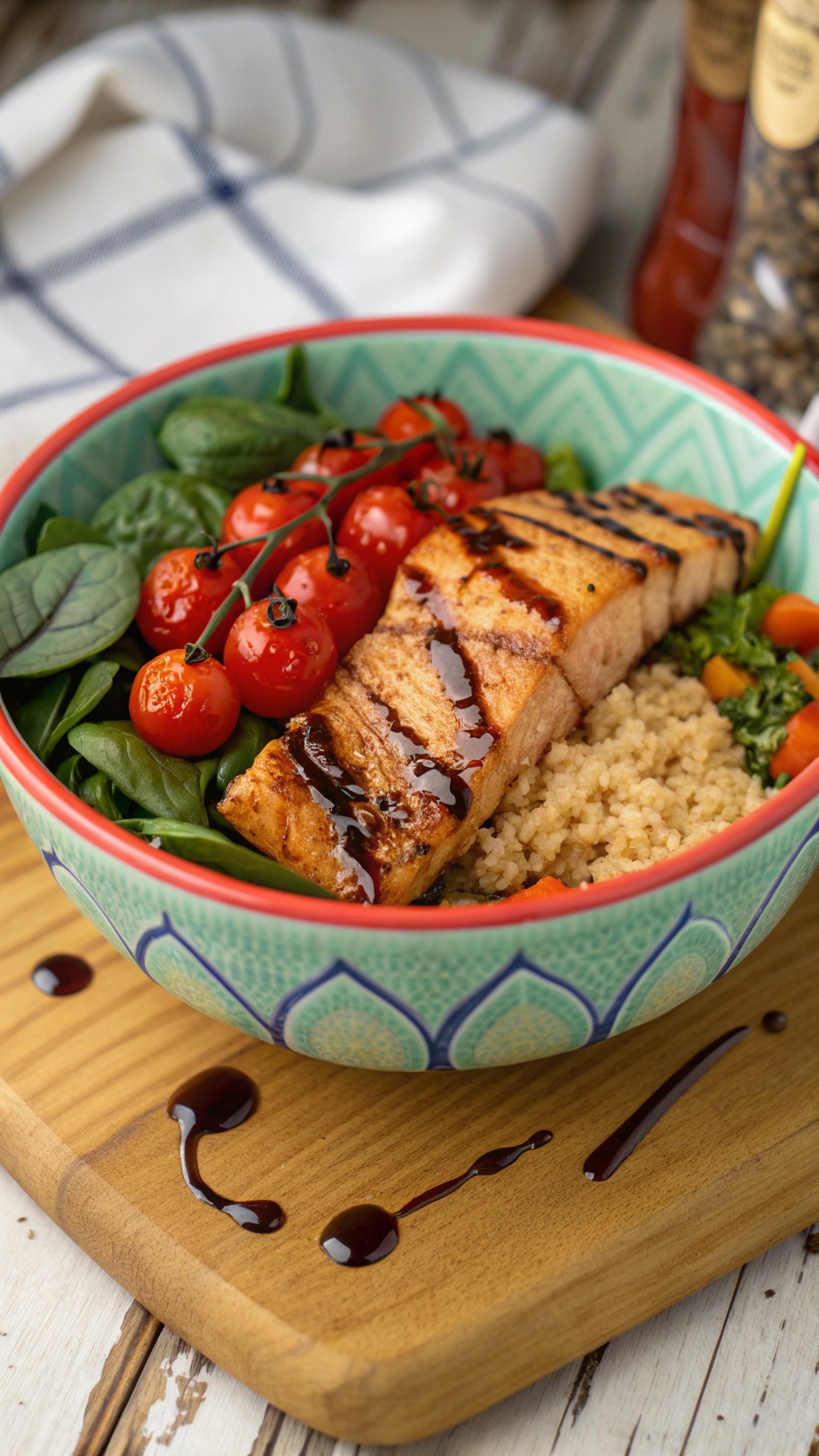A colorful salmon quinoa bowl with grilled salmon, spinach, cherry tomatoes, and quinoa.