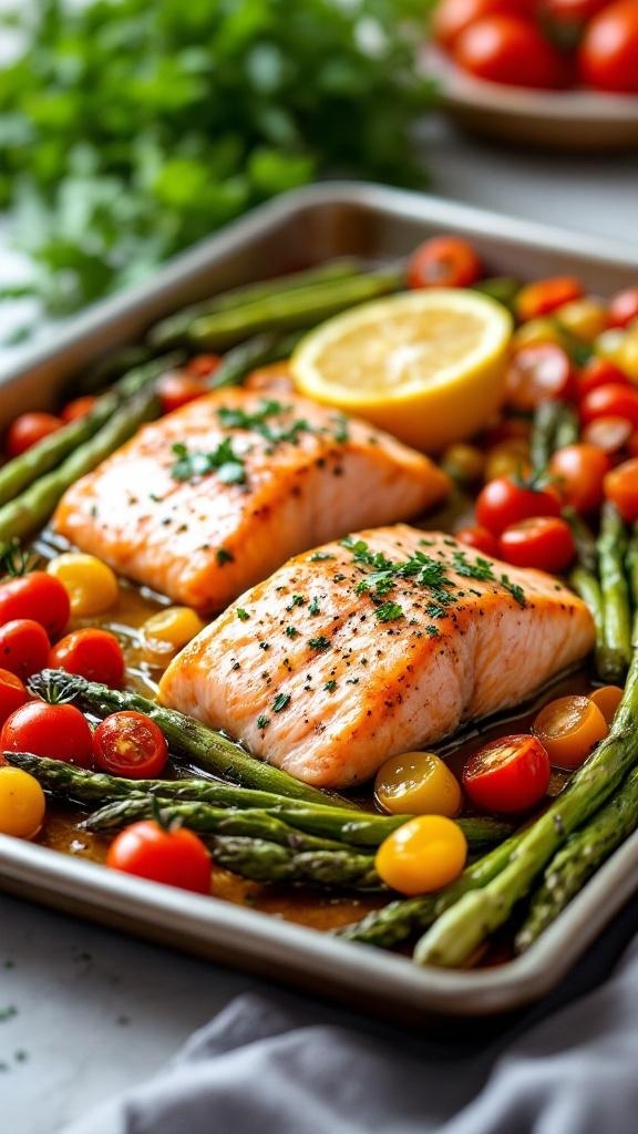 Sheet pan salmon with asparagus and cherry tomatoes, garnished with lemon and herbs.