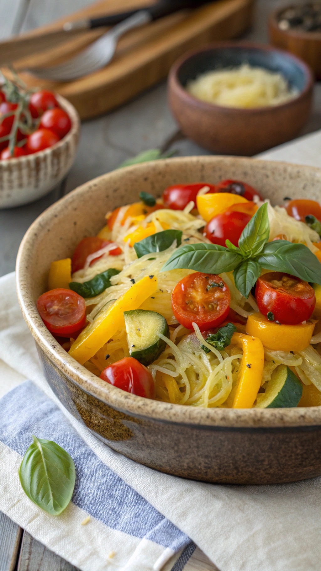 A bowl of spaghetti squash primavera with colorful vegetables and fresh basil.