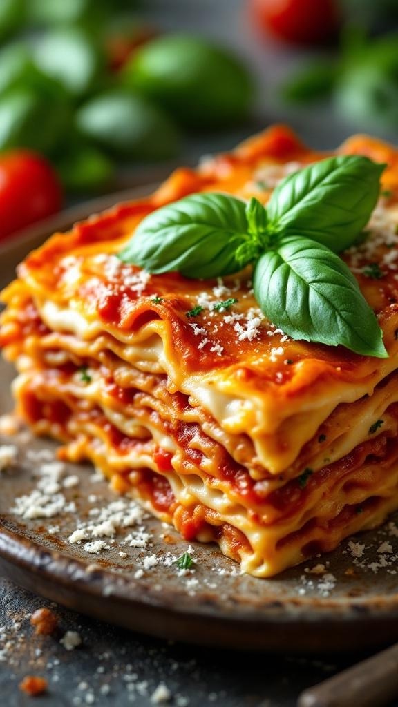 A delicious serving of tomato and basil lasagna topped with fresh basil leaves.