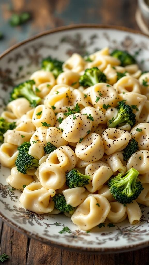 A bowl of tortellini alfredo with broccoli, garnished with parsley.