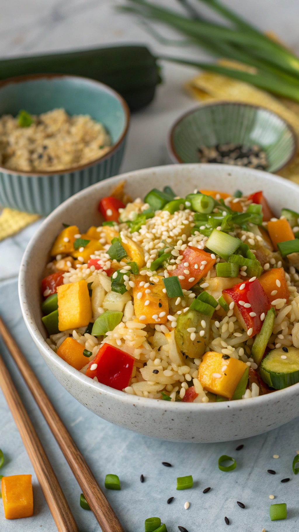A bowl of colorful vegetable fried rice with bell peppers, zucchini, and green onions, garnished with sesame seeds.