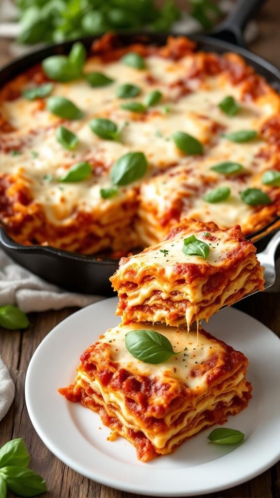A delicious one-pan lasagna with marinara sauce, topped with fresh basil, served on a plate.