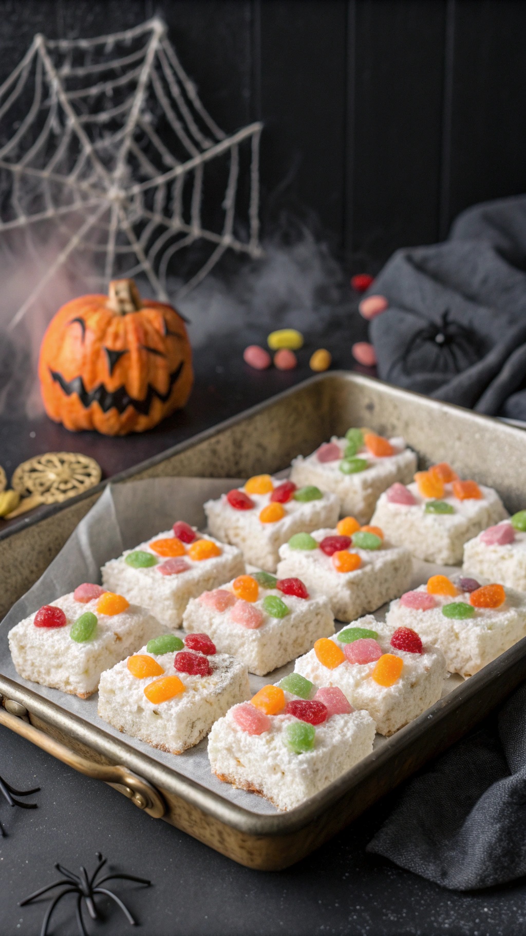 A tray of marshmallow treats topped with Sour Patch Kids, surrounded by Halloween decorations.