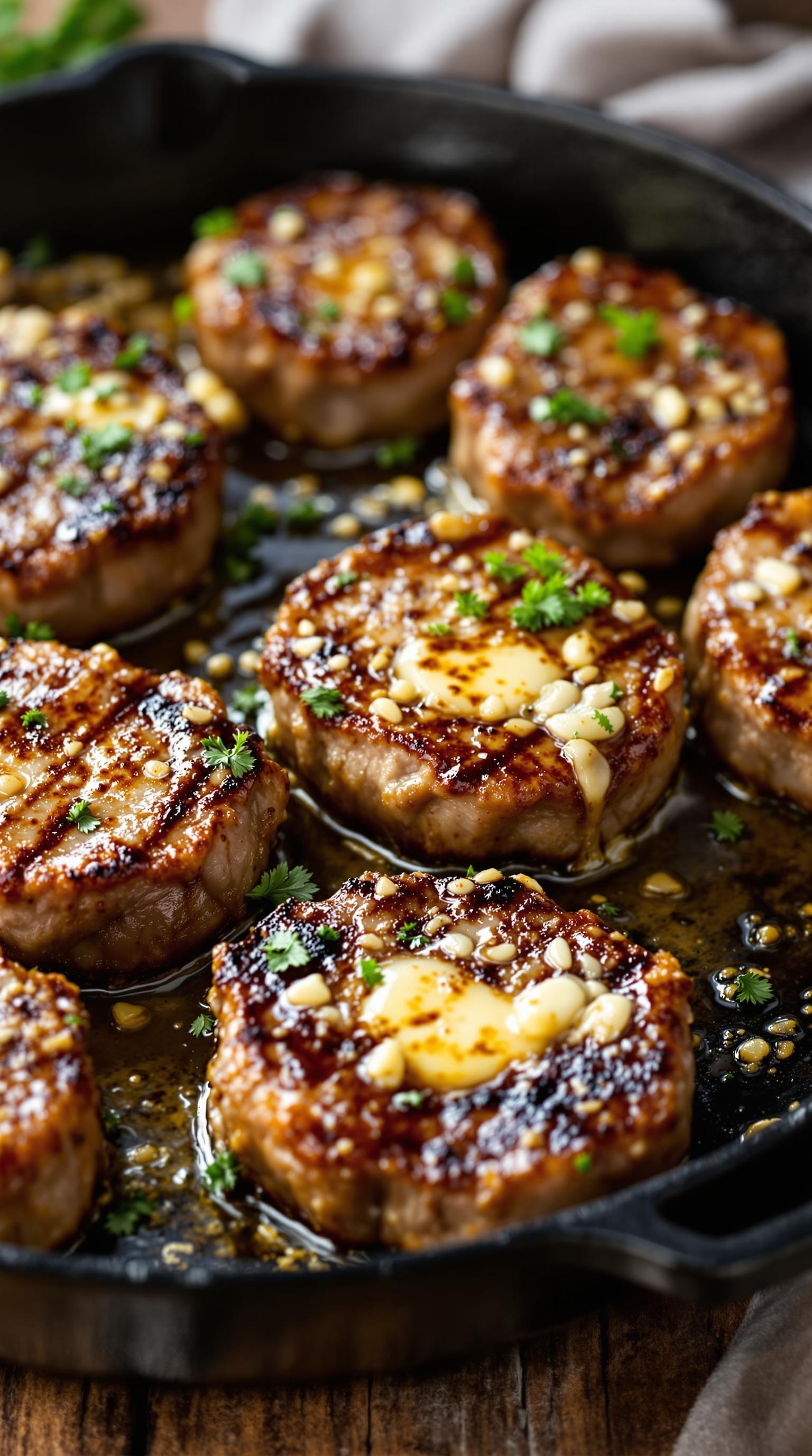 Sizzling garlic butter steak bites in a skillet, garnished with herbs.