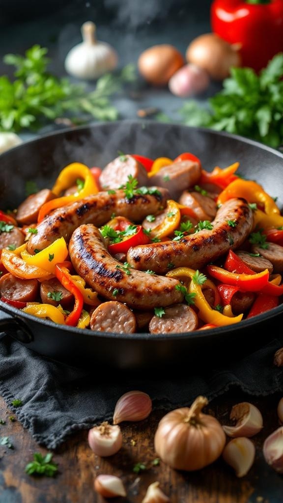 A skillet filled with sizzling sausages and colorful bell peppers, garnished with parsley.