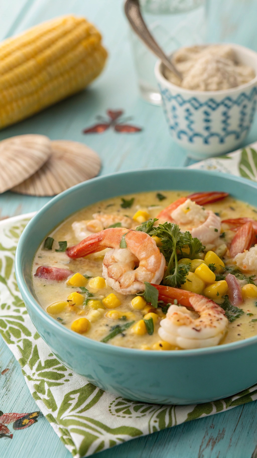 A bowl of shrimp and corn soup with vibrant colors, garnished with parsley, set against a coastal-themed background.
