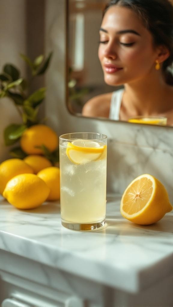A refreshing glass of lemon water with fresh lemons, showcasing skin radiance and clarity.