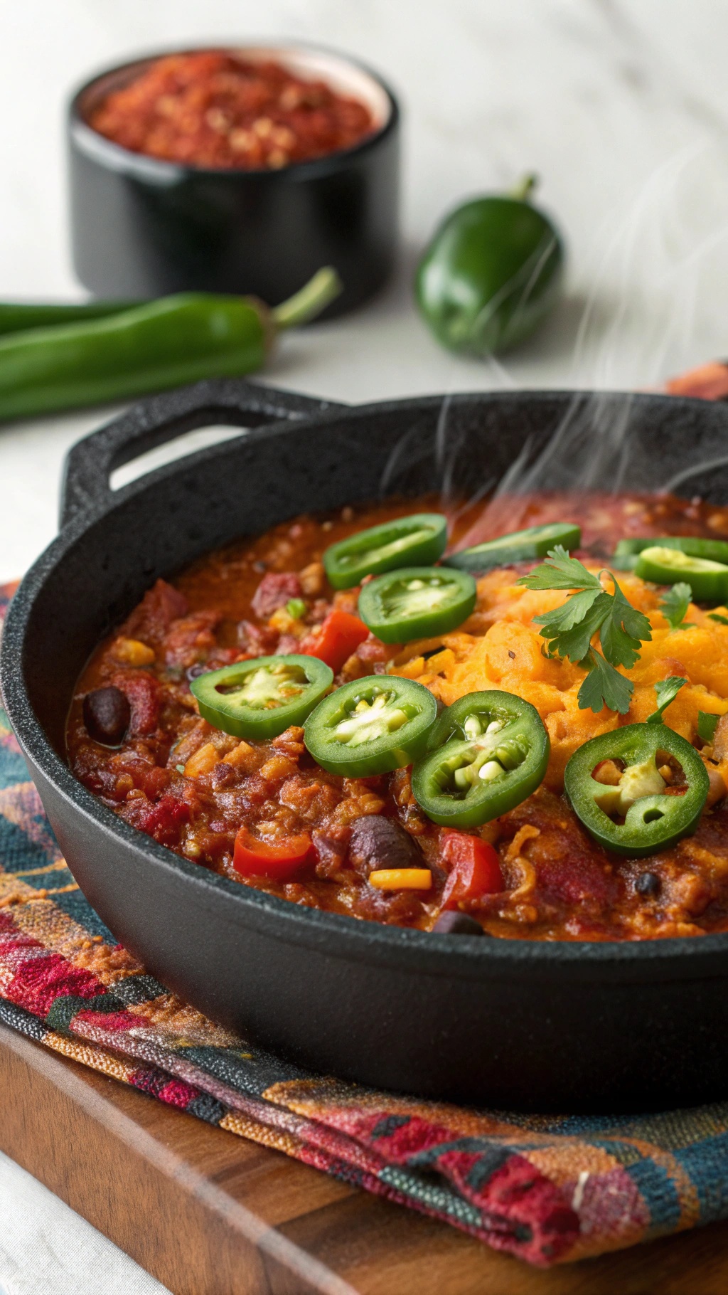 A bowl of chili topped with sliced jalapeños and cheese, garnished with cilantro.