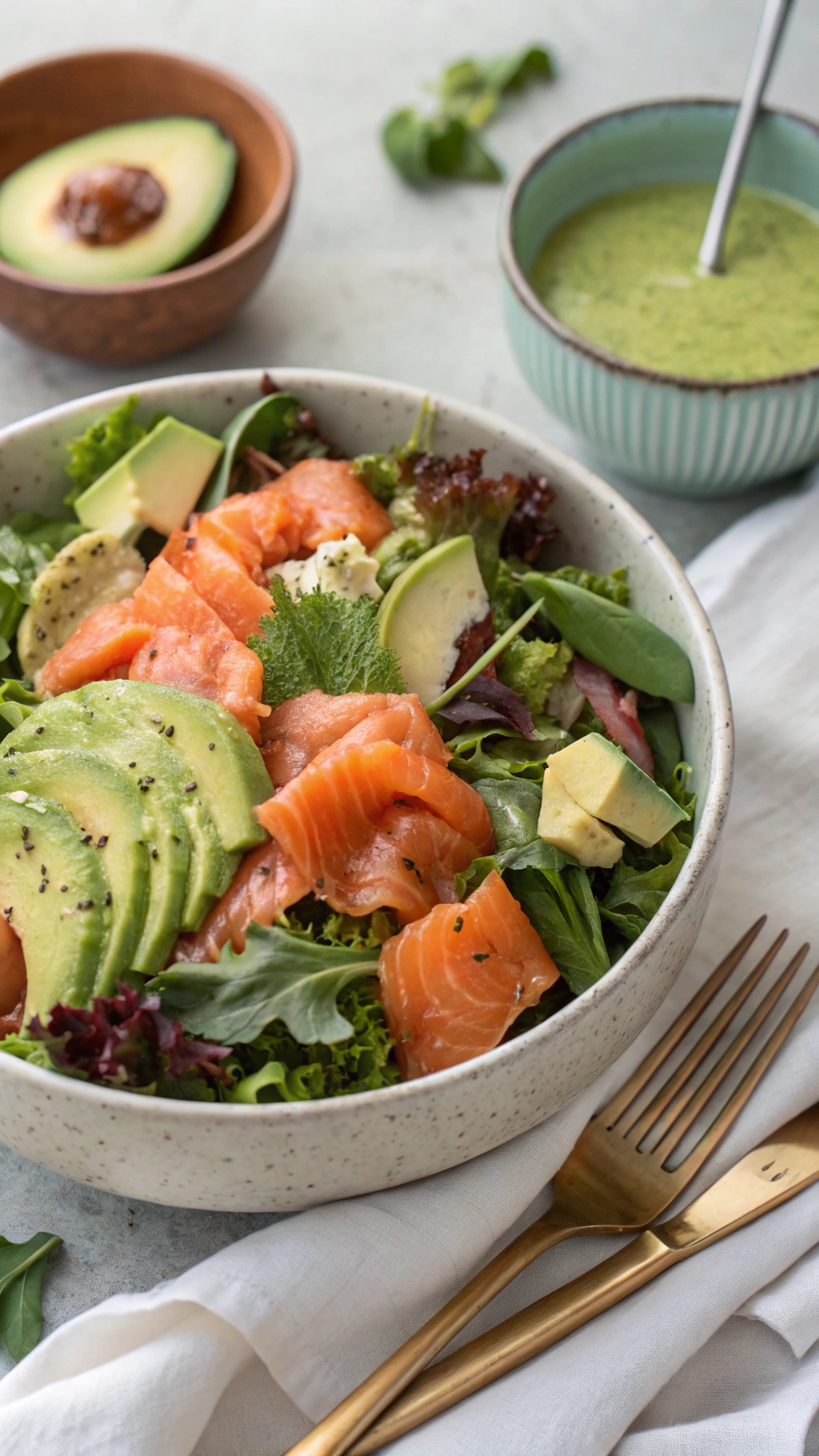 A bowl of smoked salmon salad with avocado dressing, featuring greens, sliced salmon, and avocado.