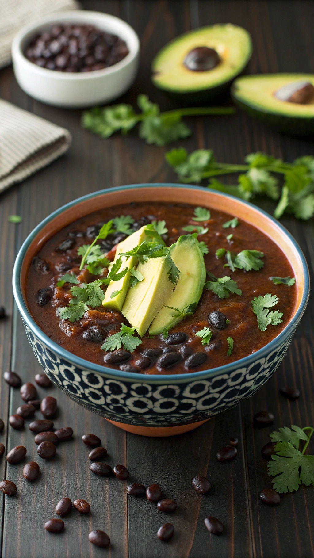 A bowl of smoky black bean detox soup garnished with avocado and cilantro, surrounded by black beans and fresh ingredients.