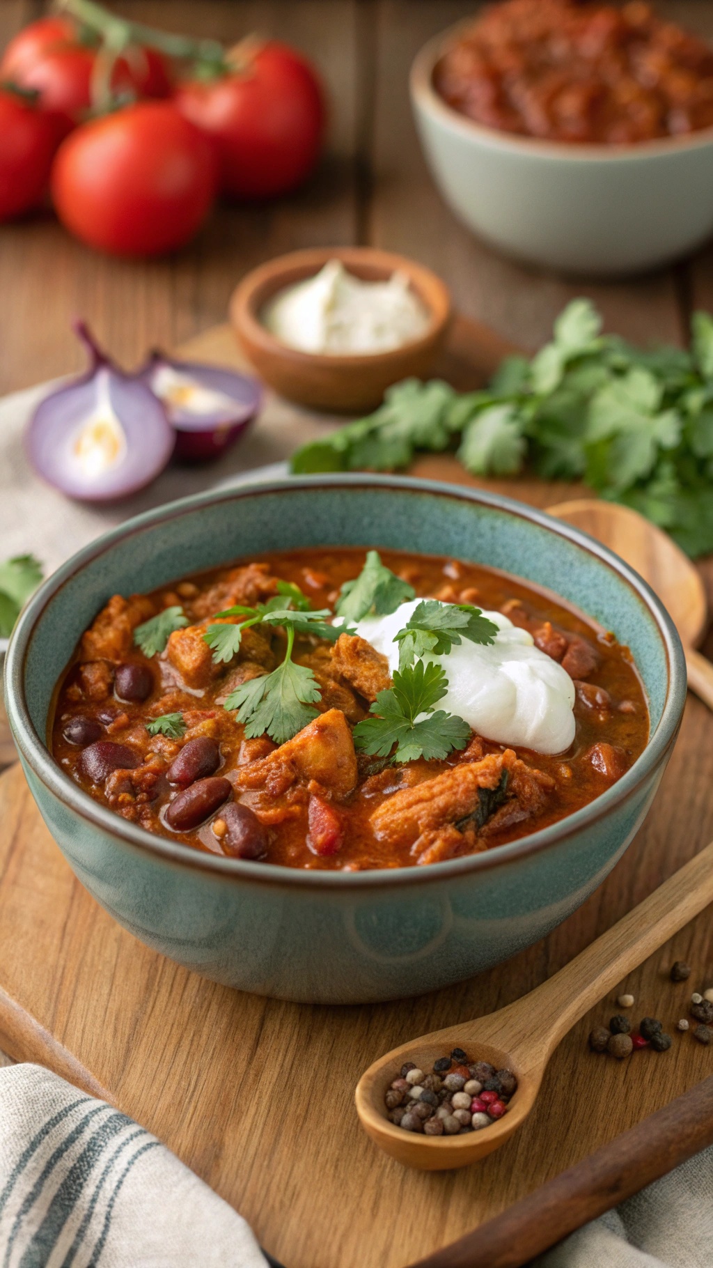 A bowl of Smoky Chipotle Chicken Chili garnished with cilantro and sour cream, with fresh tomatoes and herbs in the background.