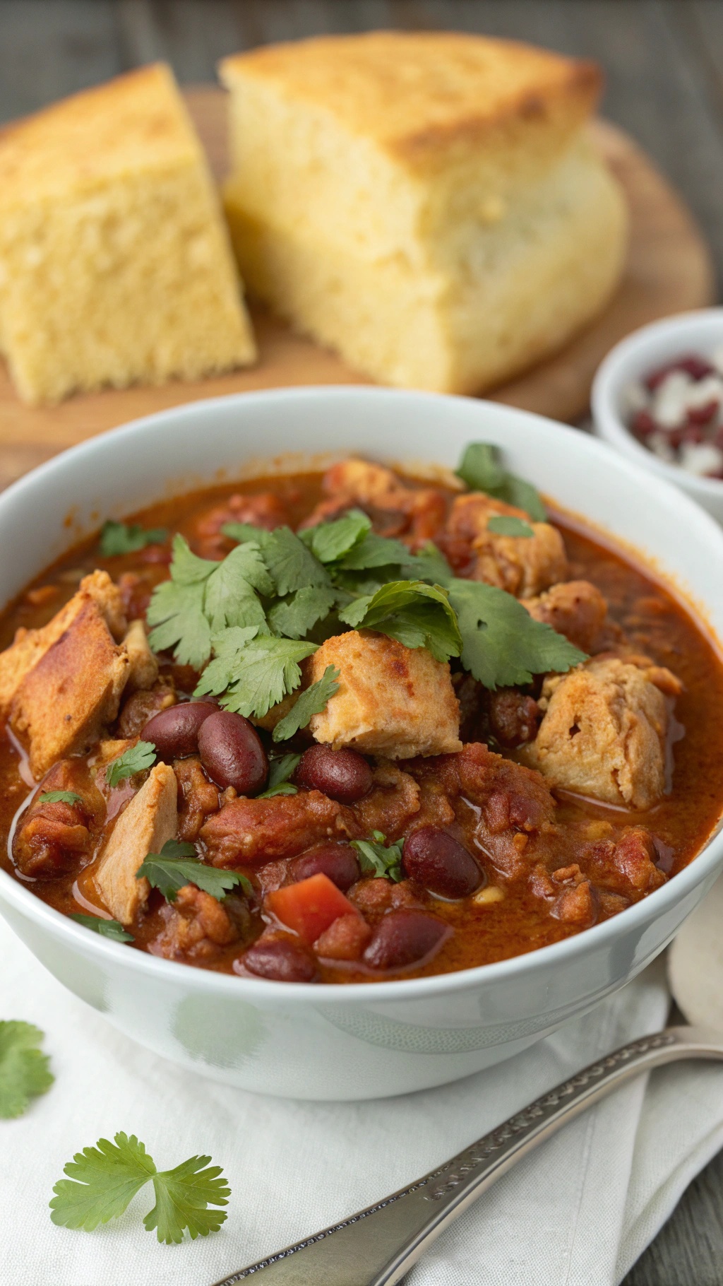 A bowl of Smoky Chipotle Chicken Chili topped with cilantro and served with cornbread on the side.