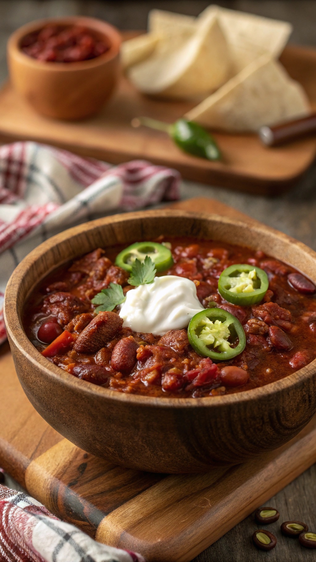 A bowl of Smoky Chipotle Chili topped with sour cream, cilantro, and jalapeños, served with tortillas.