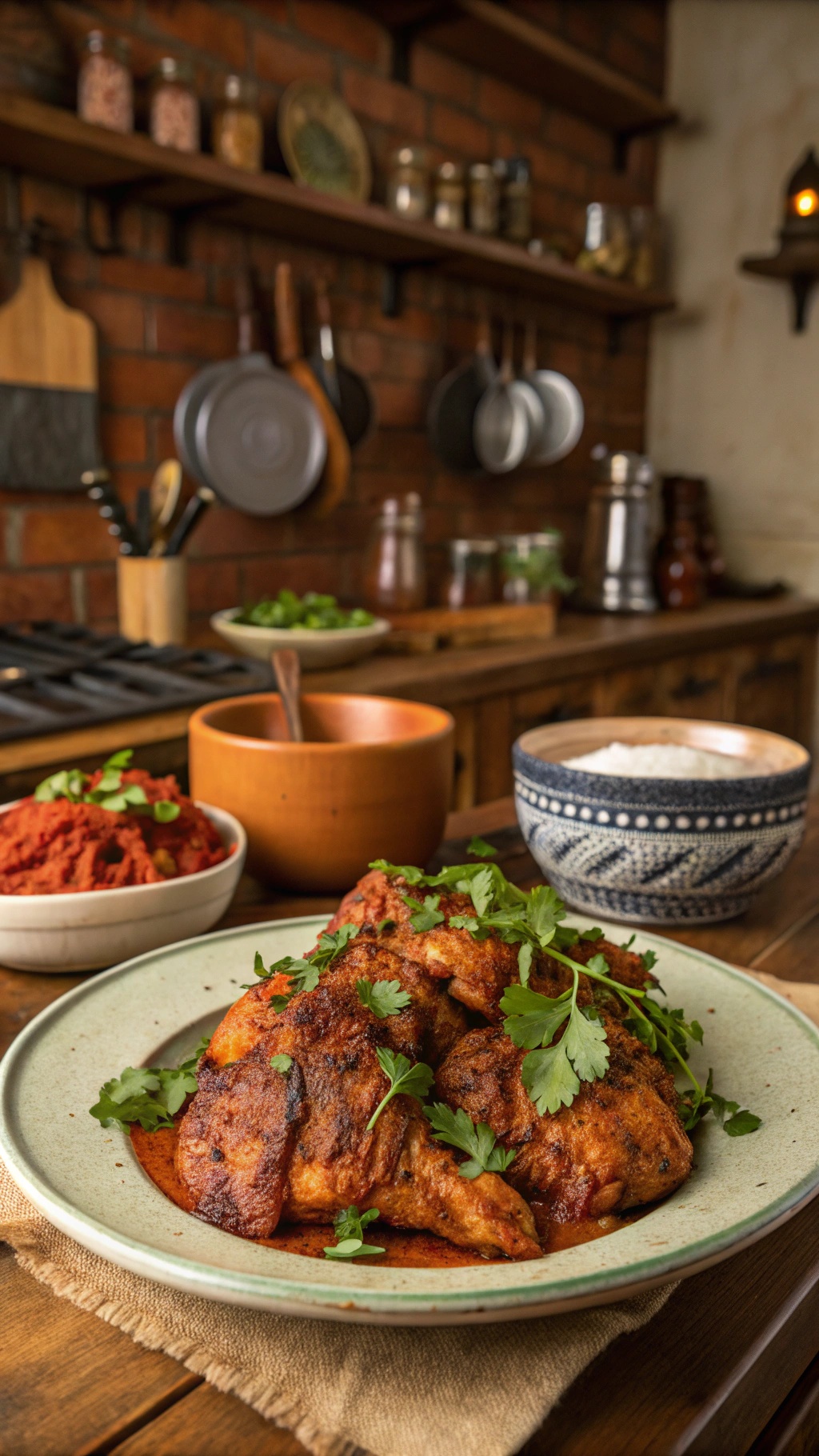 A plate of smoky paprika chicken garnished with cilantro, surrounded by spices and ingredients in a rustic kitchen.