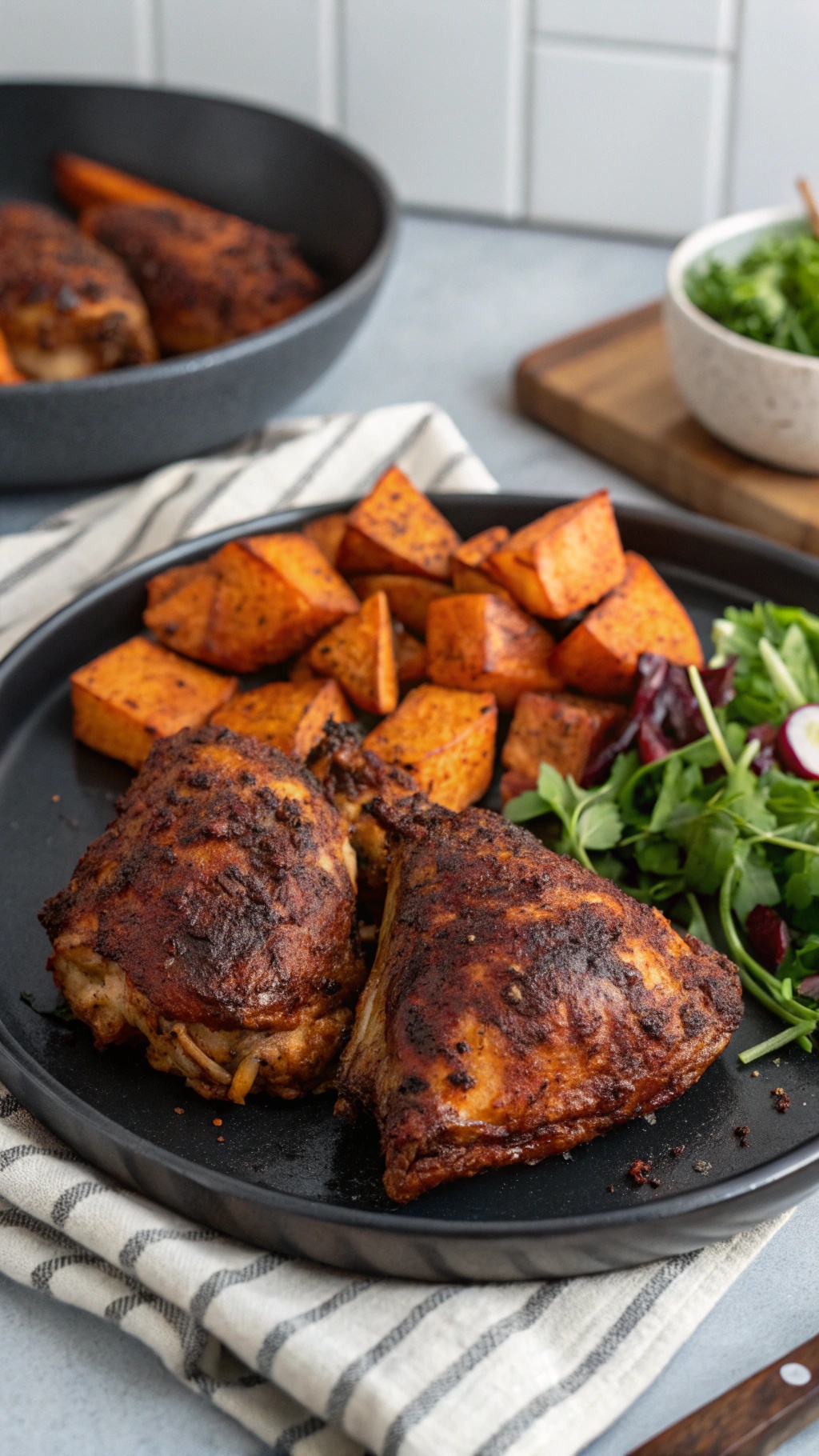 Smoky paprika chicken thighs served with roasted sweet potatoes and a fresh salad.