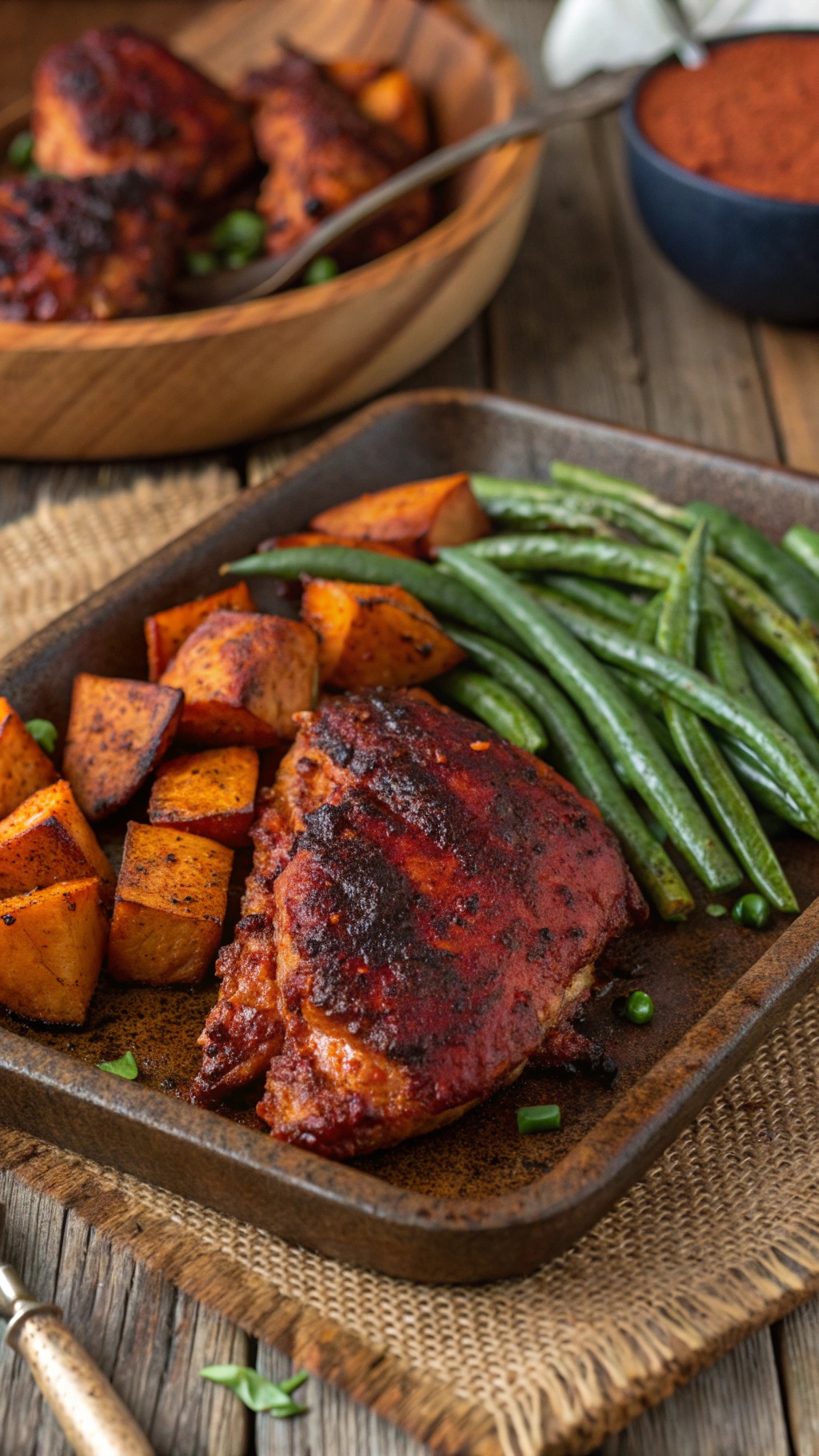 A plate of smoky paprika chicken thighs served with roasted sweet potatoes and green beans.