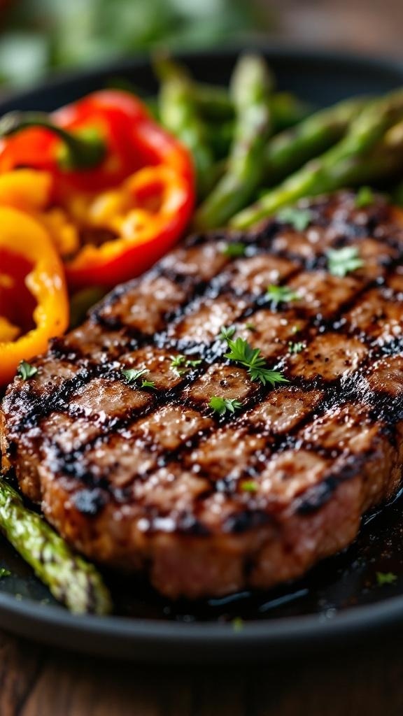 Smoky paprika grilled sirloin steak with colorful bell peppers and asparagus on a plate.