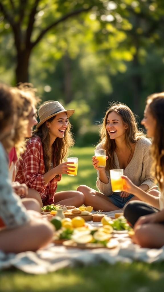 A group of friends enjoying lemon drinks and healthy snacks in a park setting.