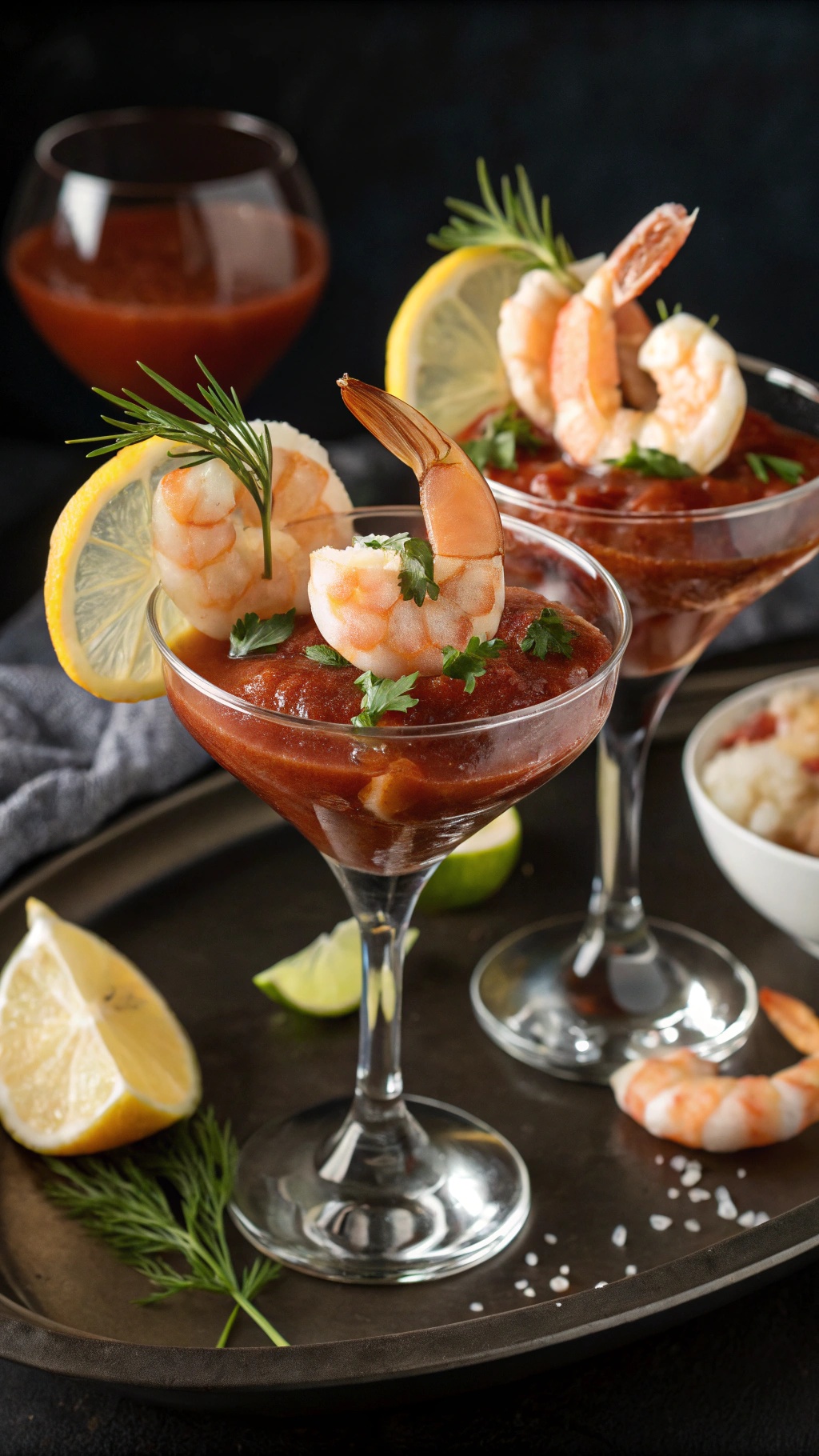 Sophisticated shrimp cocktail served in elegant glasses with lemon and herbs