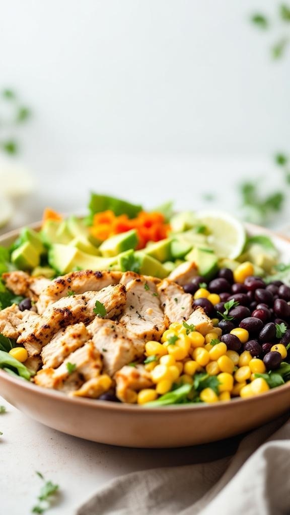 A colorful Southwestern chicken salad with avocado, corn, black beans, and lime.