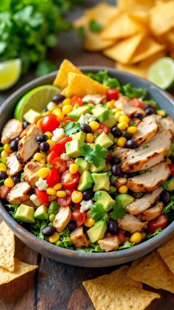 A vibrant Southwestern chicken salad with black beans, corn, diced avocado, and grilled chicken, served with tortilla chips.