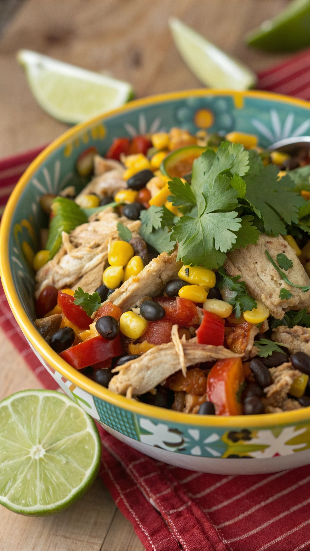 A bowl of Southwestern chicken with black beans and corn, garnished with cilantro and lime.