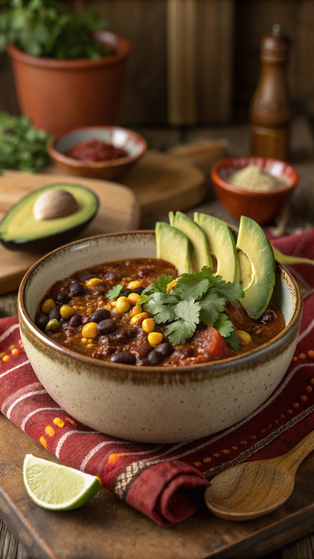 A bowl of Southwestern chili topped with avocado slices and cilantro, with ingredients in the background.