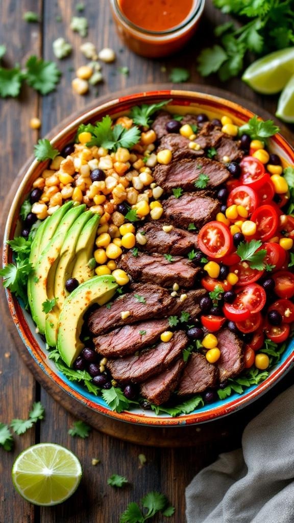 A colorful Southwestern steak salad with black beans, corn, avocado, and cherry tomatoes, garnished with cilantro and lime.