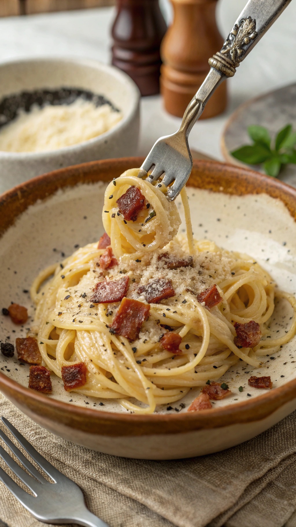 A fork twirling spaghetti carbonara topped with pancetta and cheese, served in a rustic bowl.