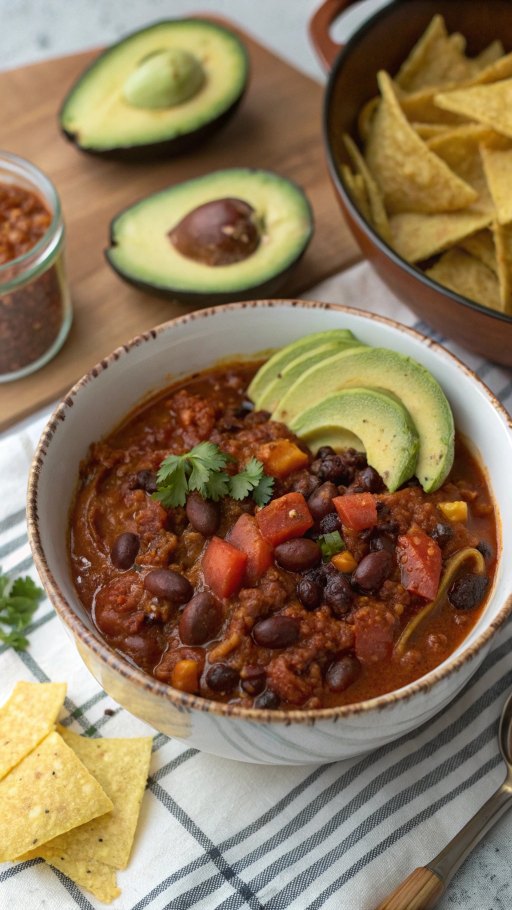 A bowl of black bean chili topped with avocado slices and cilantro, with tortilla chips on the side.
