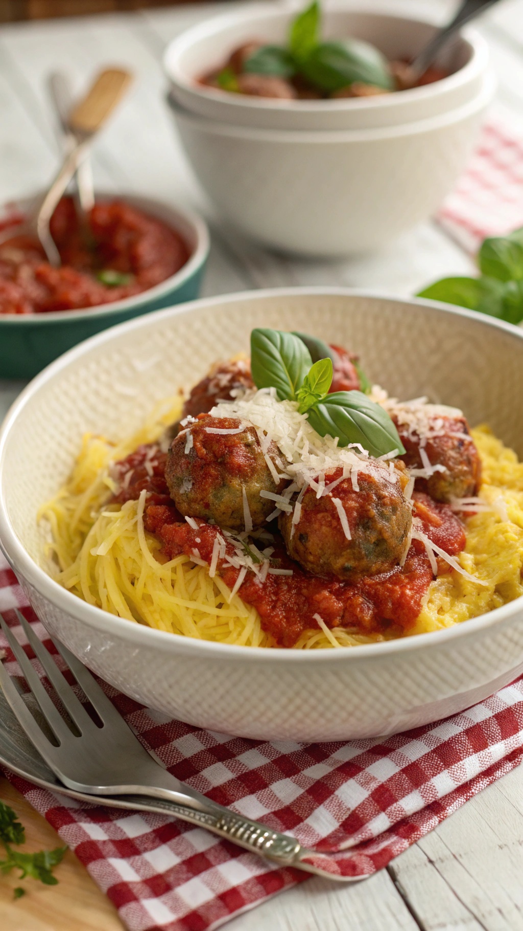 A bowl of spaghetti squash topped with meatballs and marinara sauce, garnished with basil and parmesan.