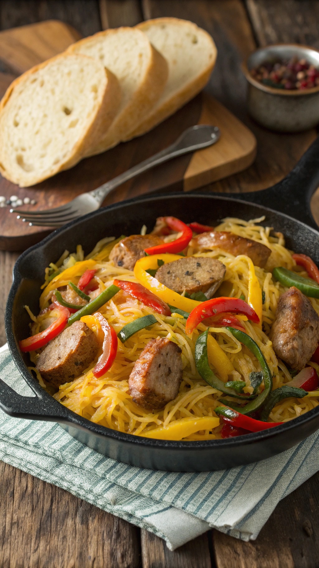 A skillet filled with spaghetti squash, sausage, and colorful bell peppers.