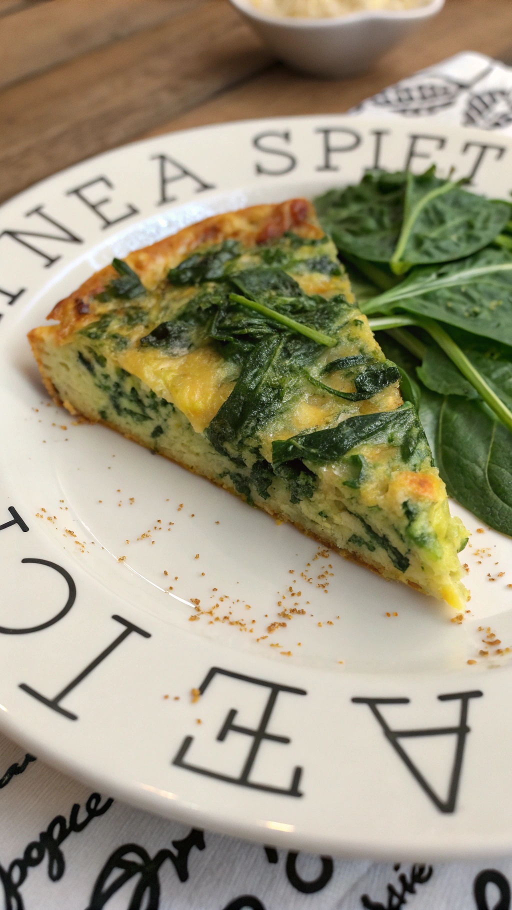 A slice of spaghetti squash and spinach frittata on a plate with fresh spinach leaves.