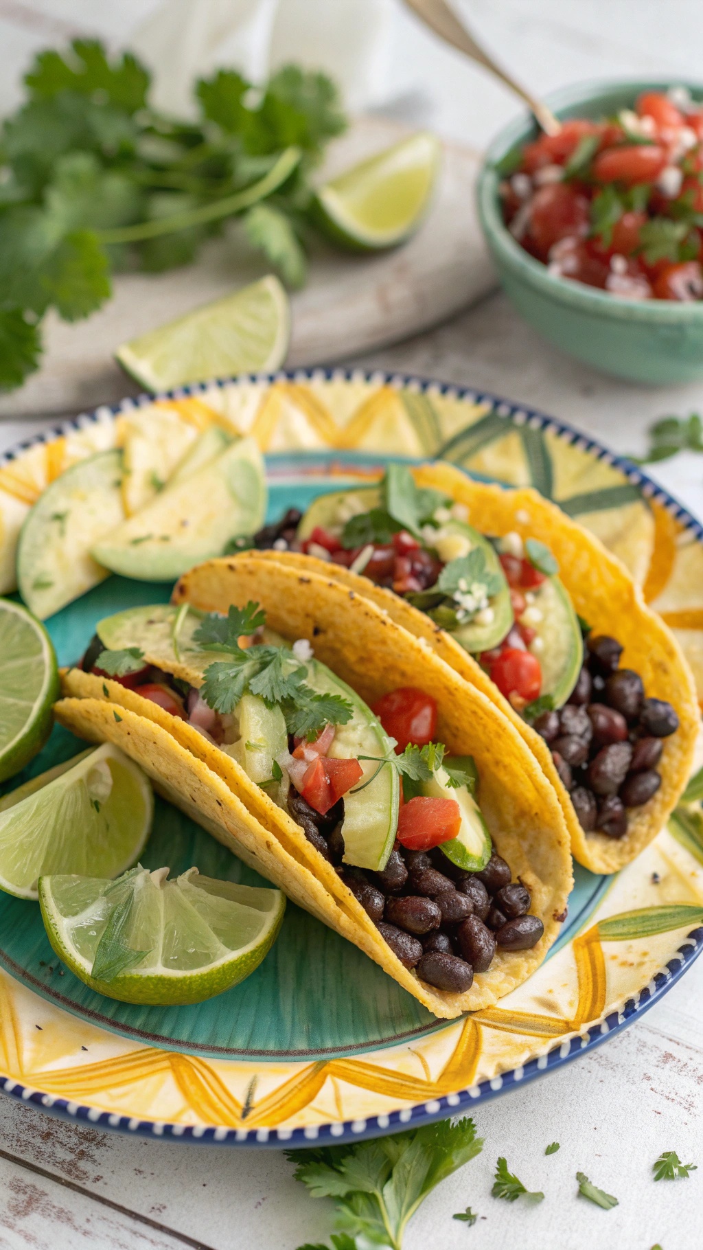 Three spaghetti squash tacos filled with black beans, tomatoes, and avocado, garnished with cilantro and lime wedges.