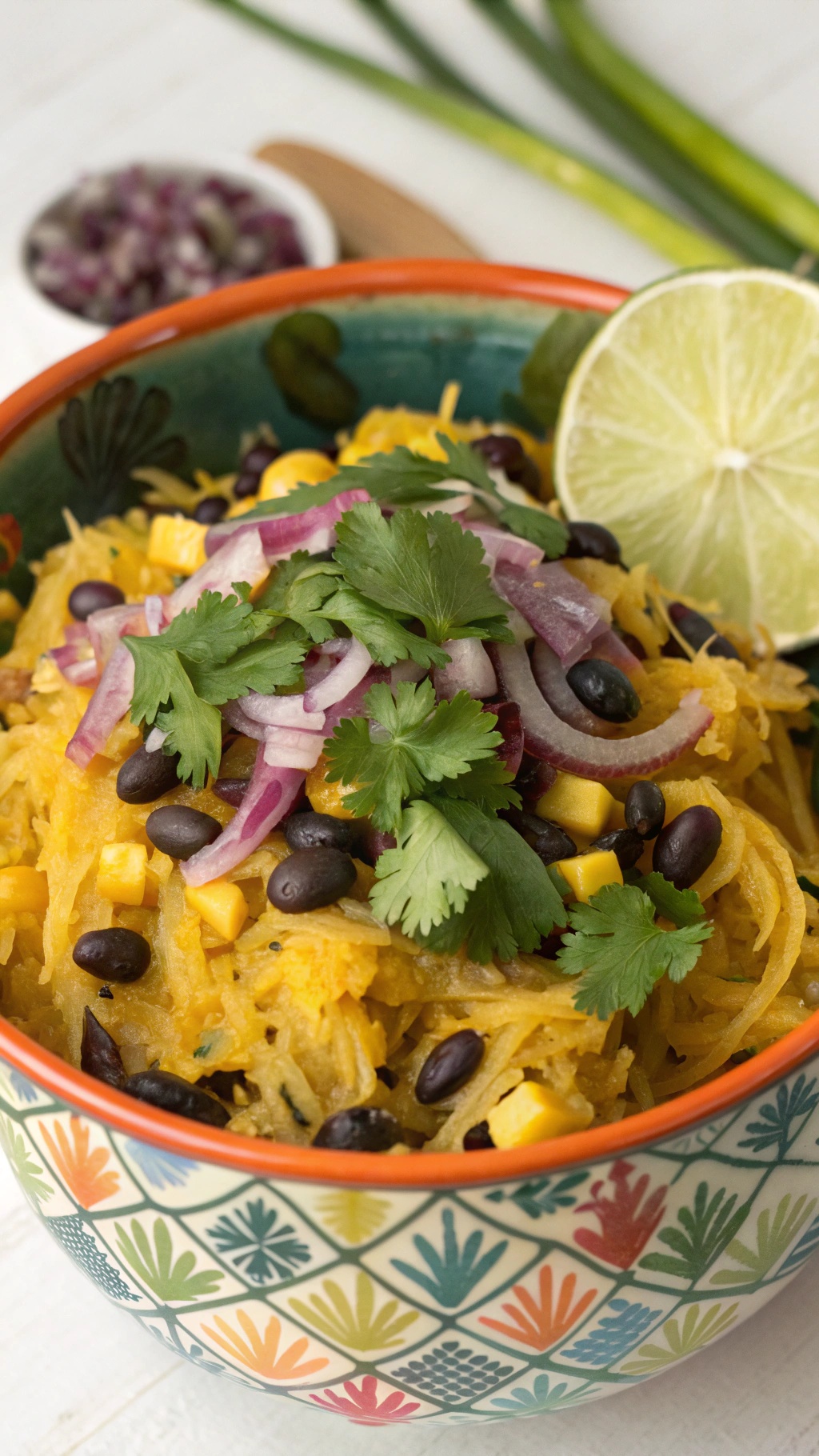 A colorful bowl of spaghetti squash mixed with black beans, corn, red onion, and cilantro, garnished with lime wedges.