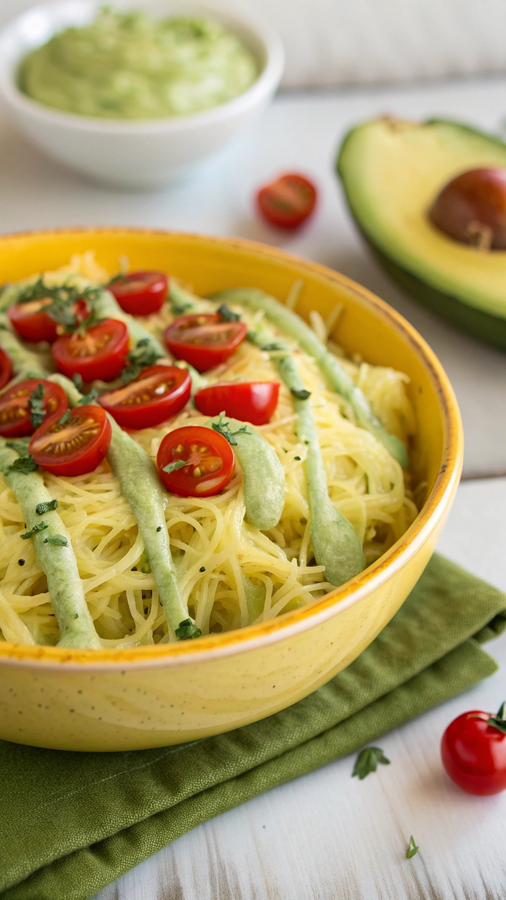 A bowl of spaghetti squash topped with creamy avocado dressing and cherry tomatoes.