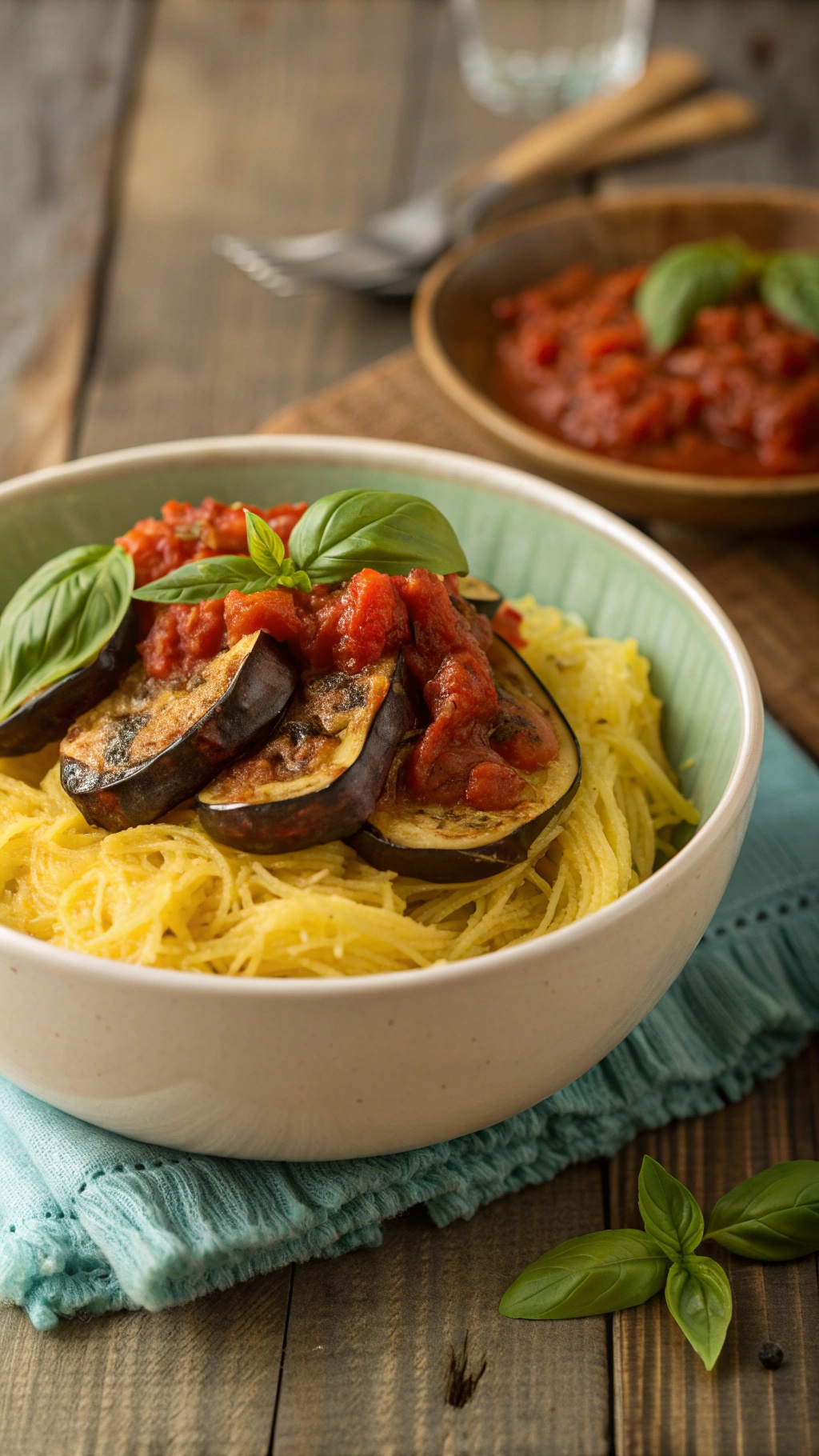 A bowl of spaghetti squash topped with roasted eggplant and tomato sauce, garnished with basil leaves.