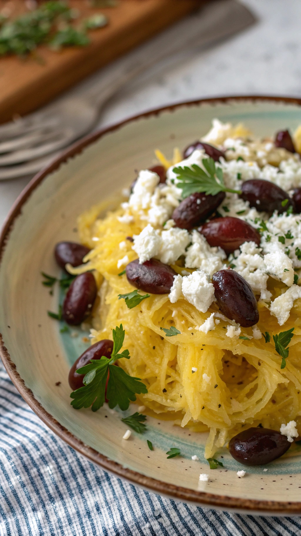 A plate of spaghetti squash topped with feta cheese, olives, and parsley.