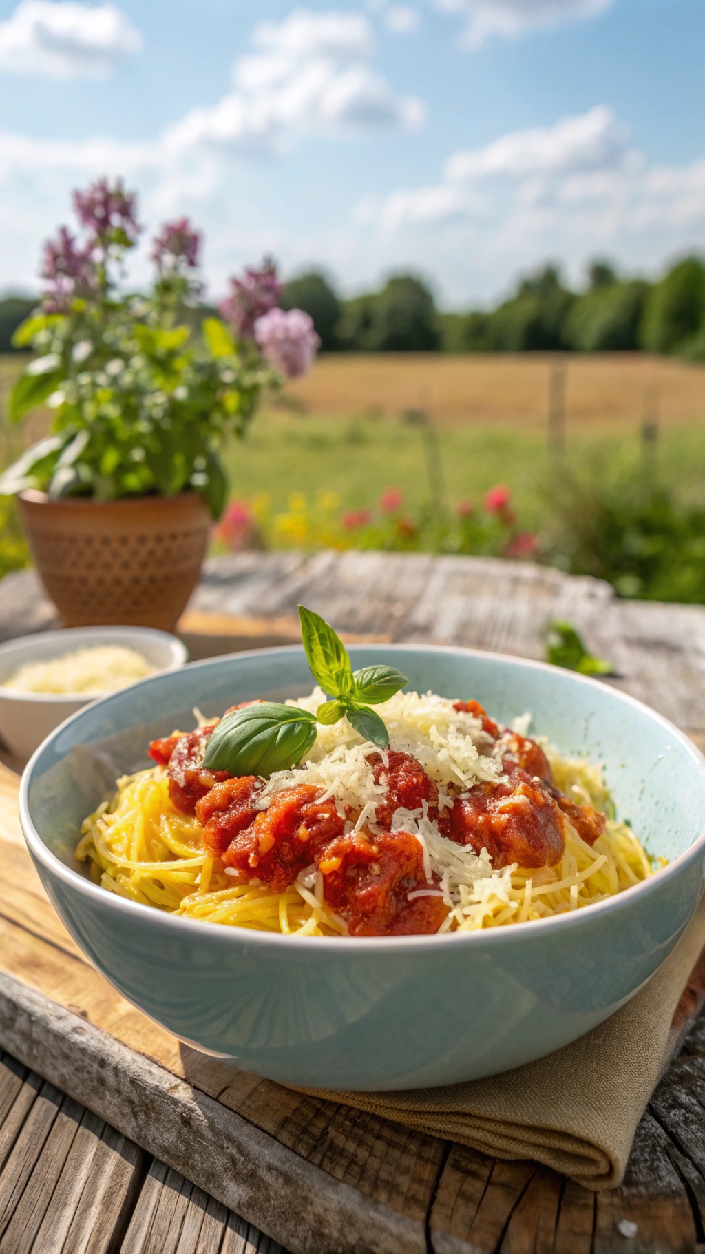A bowl of spaghetti squash topped with fresh tomato sauce, garnished with basil, set in a sunny outdoor environment.