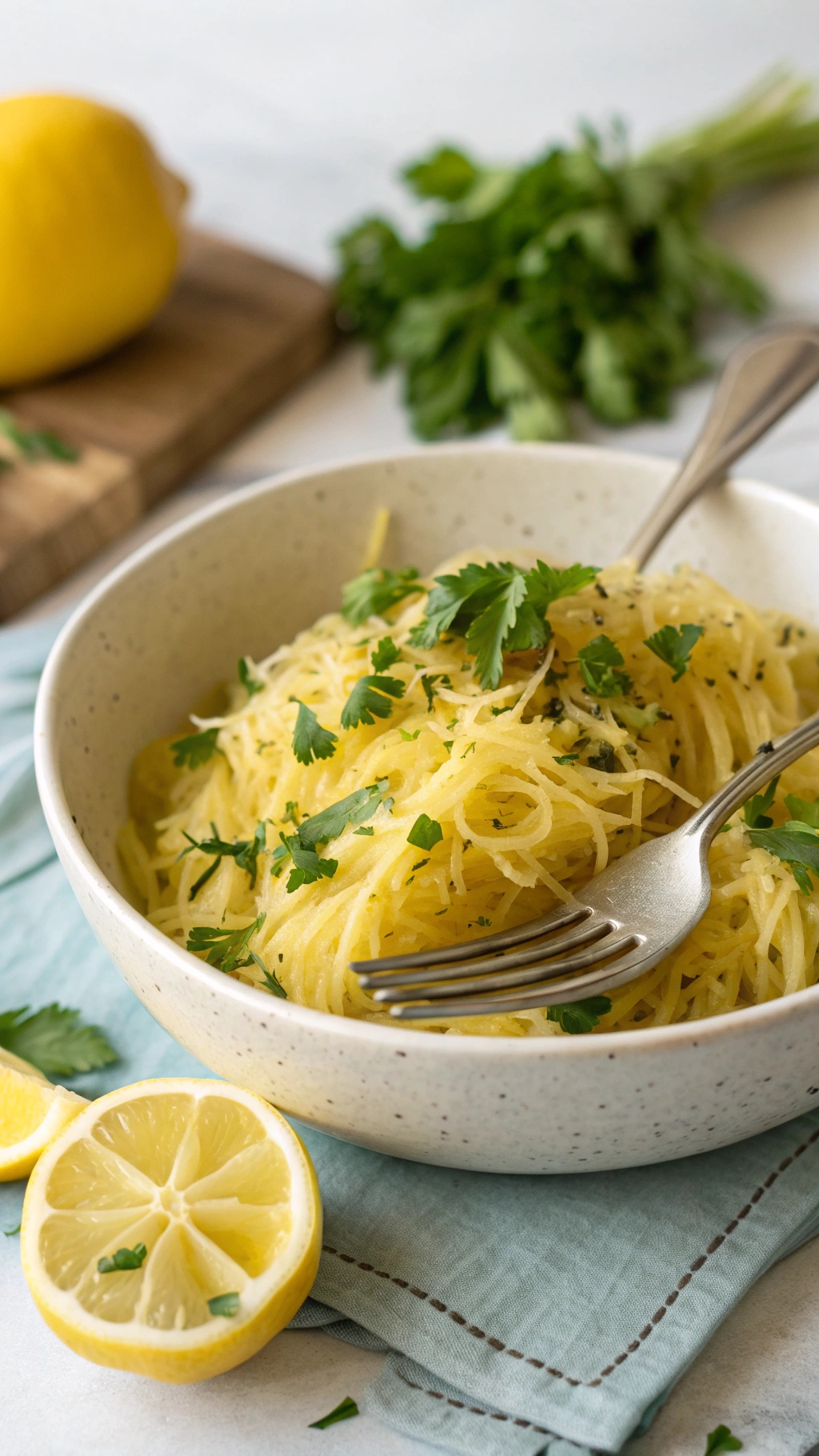 A bowl of spaghetti squash with lemon and herbs, garnished with fresh parsley.