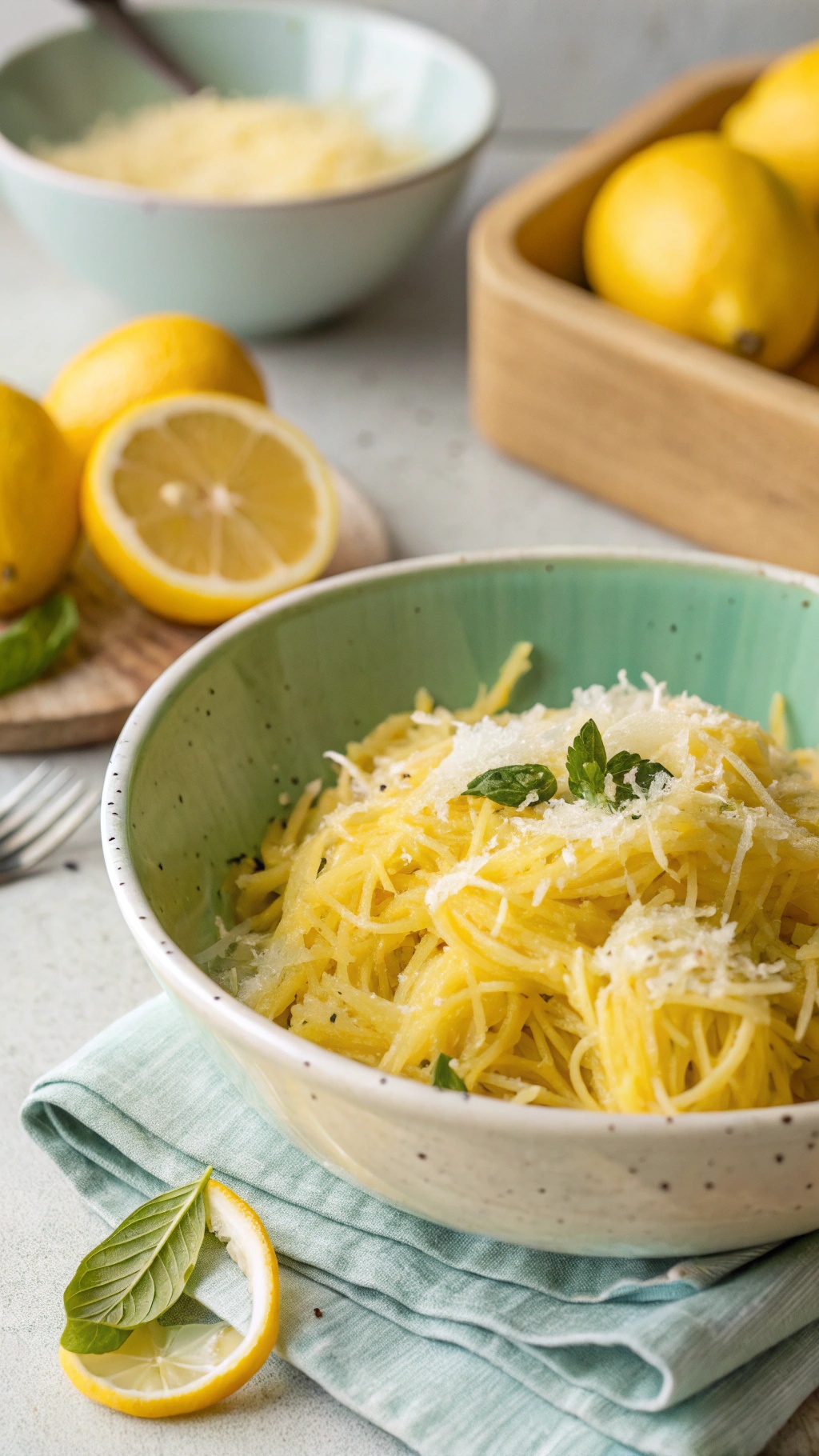 A bowl of spaghetti squash with lemon and Parmesan cheese, garnished with basil leaves.