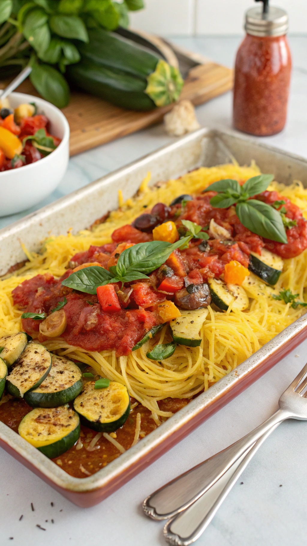 A sheet pan dinner featuring spaghetti squash topped with marinara sauce and a variety of colorful vegetables.