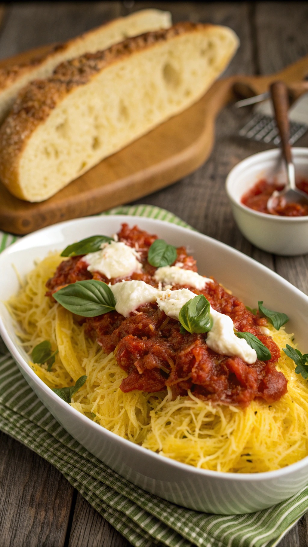 A bowl of spaghetti squash topped with marinara sauce, mozzarella cheese, and fresh basil, with a side of crusty bread.