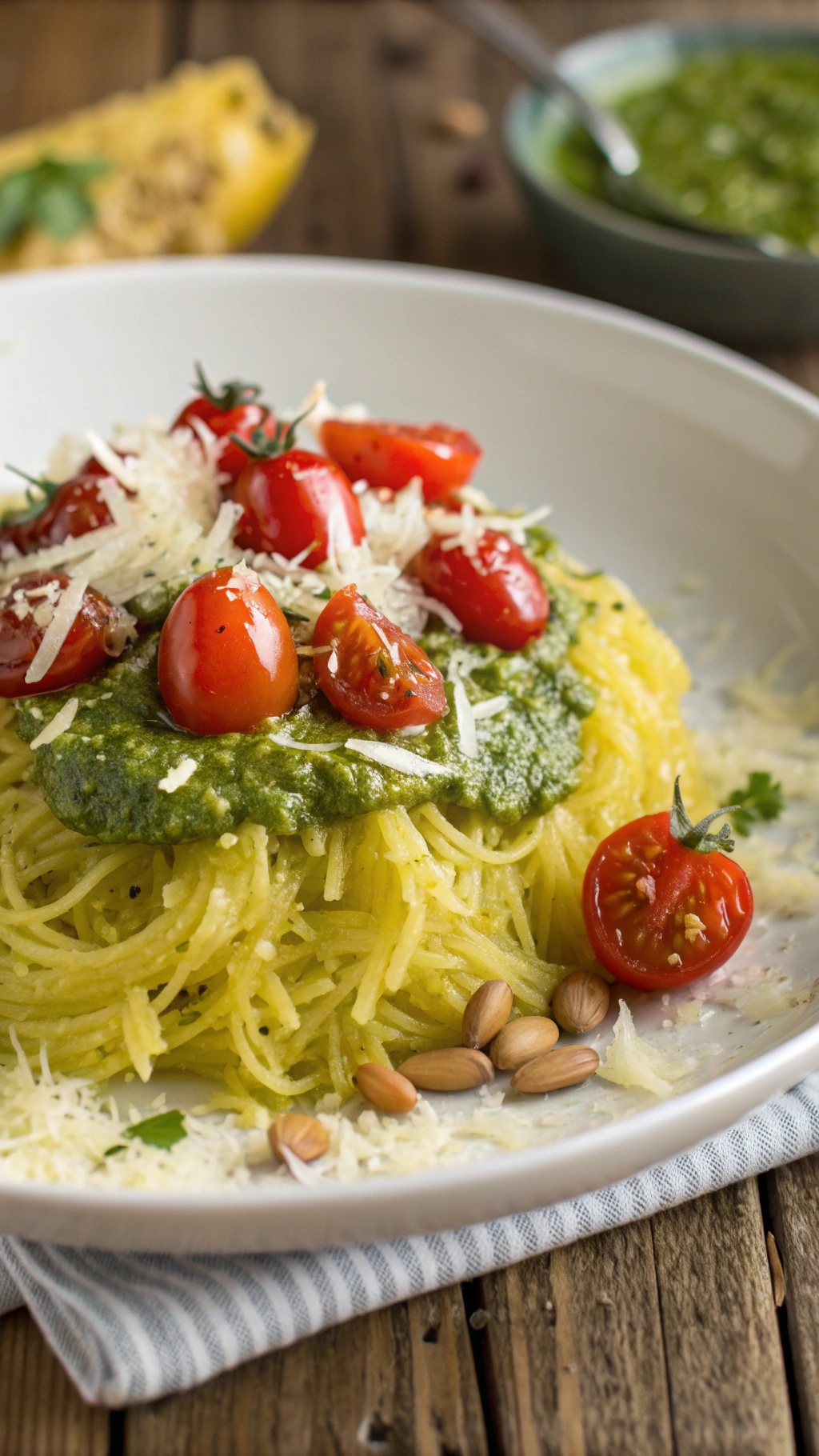 A plate of spaghetti squash topped with pesto, cherry tomatoes, and cheese.